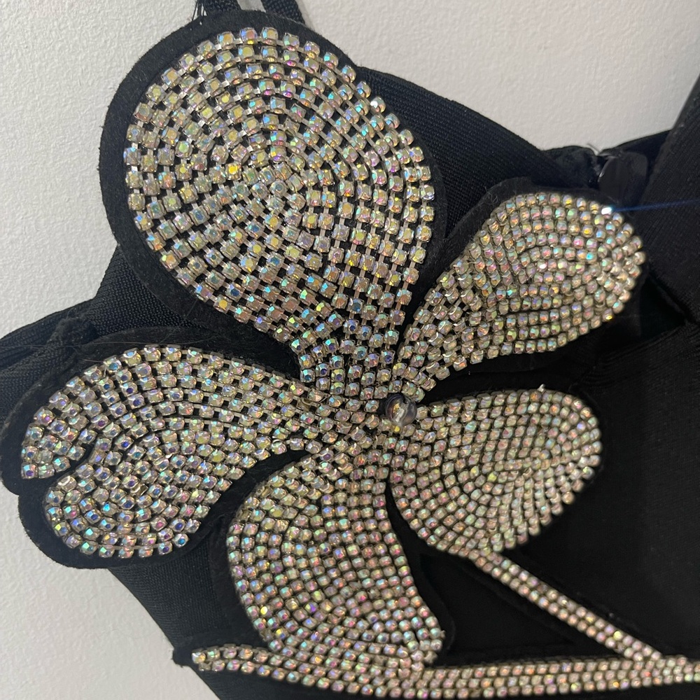 Elegant Black Dress with Rhinestone Floral Design - Picture 3 of 6